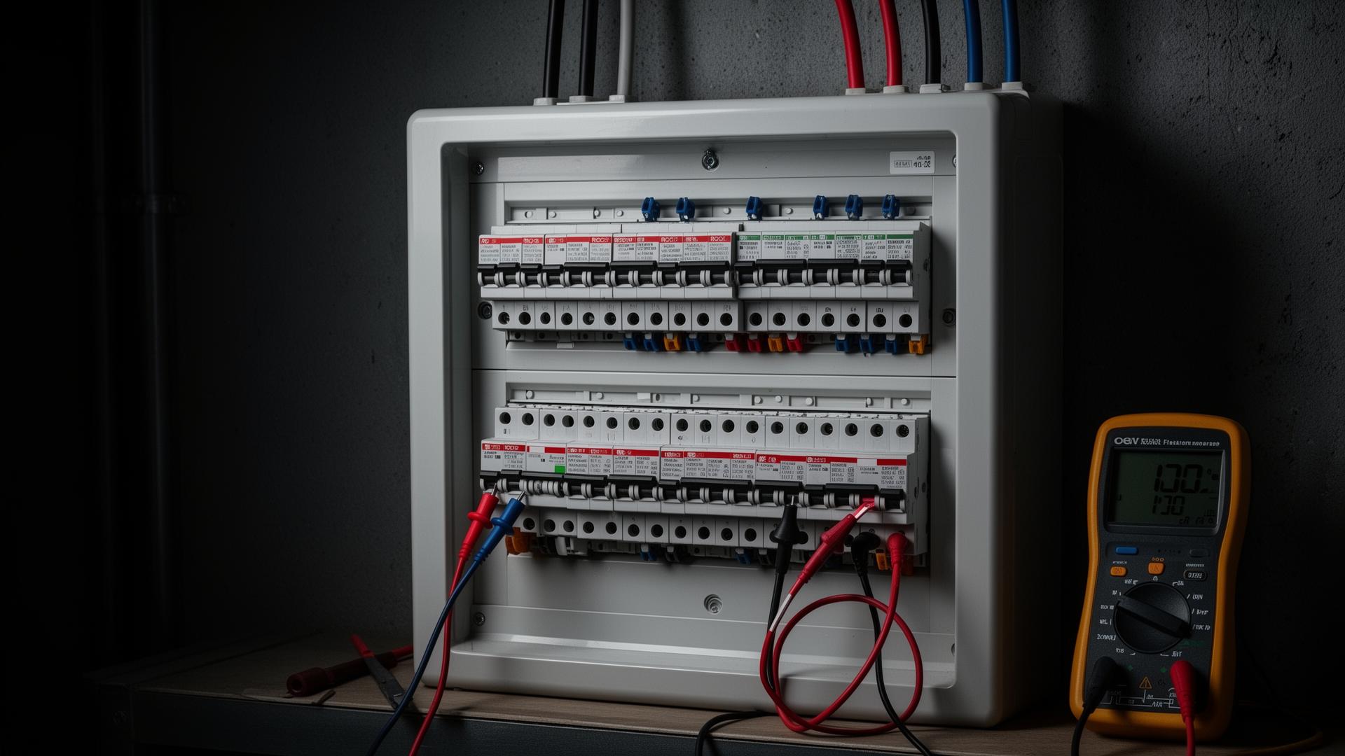 Open commercial consumer unit with breakers and test instrument
