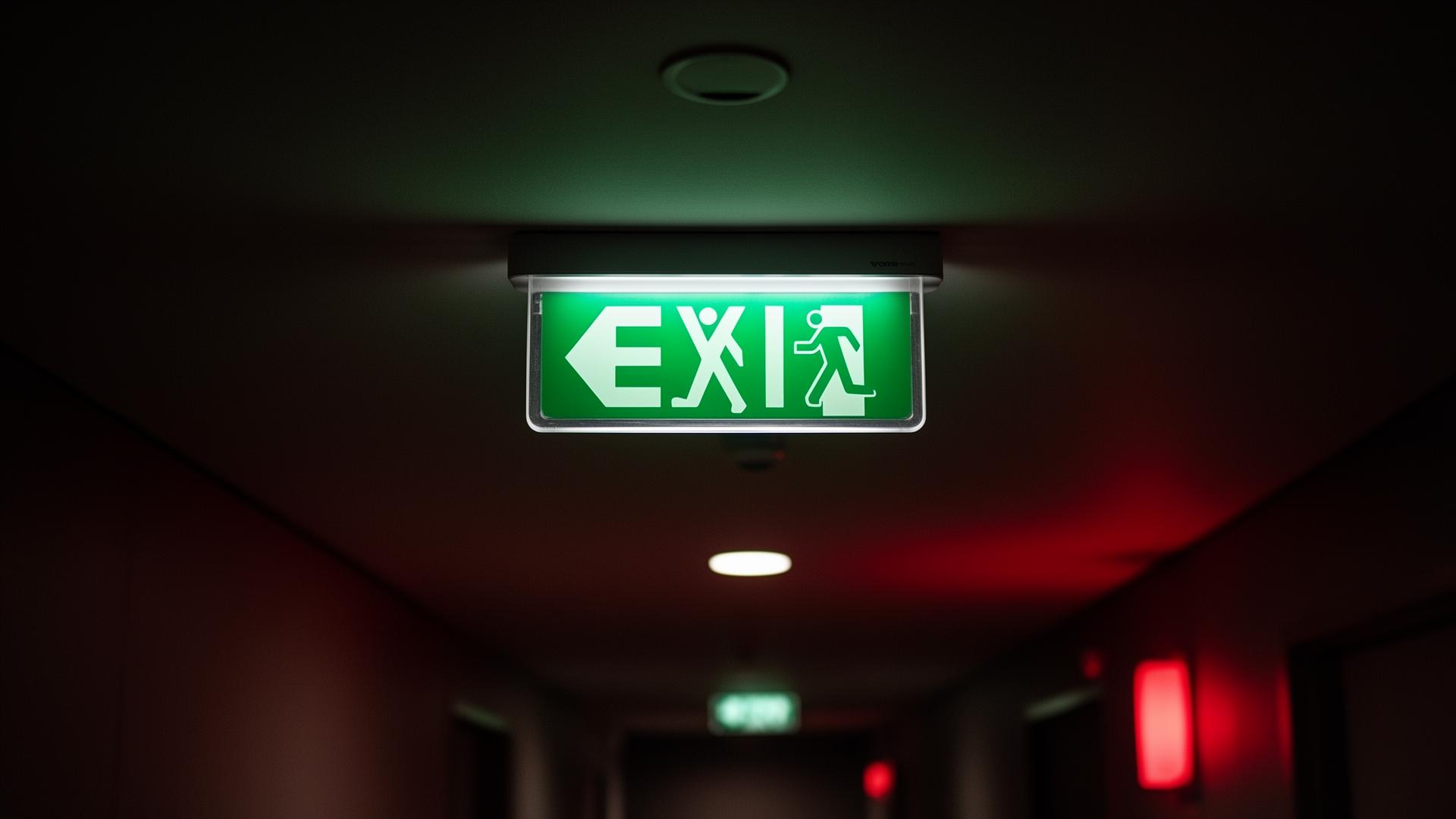 Illuminated green emergency exit light in a commercial corridor