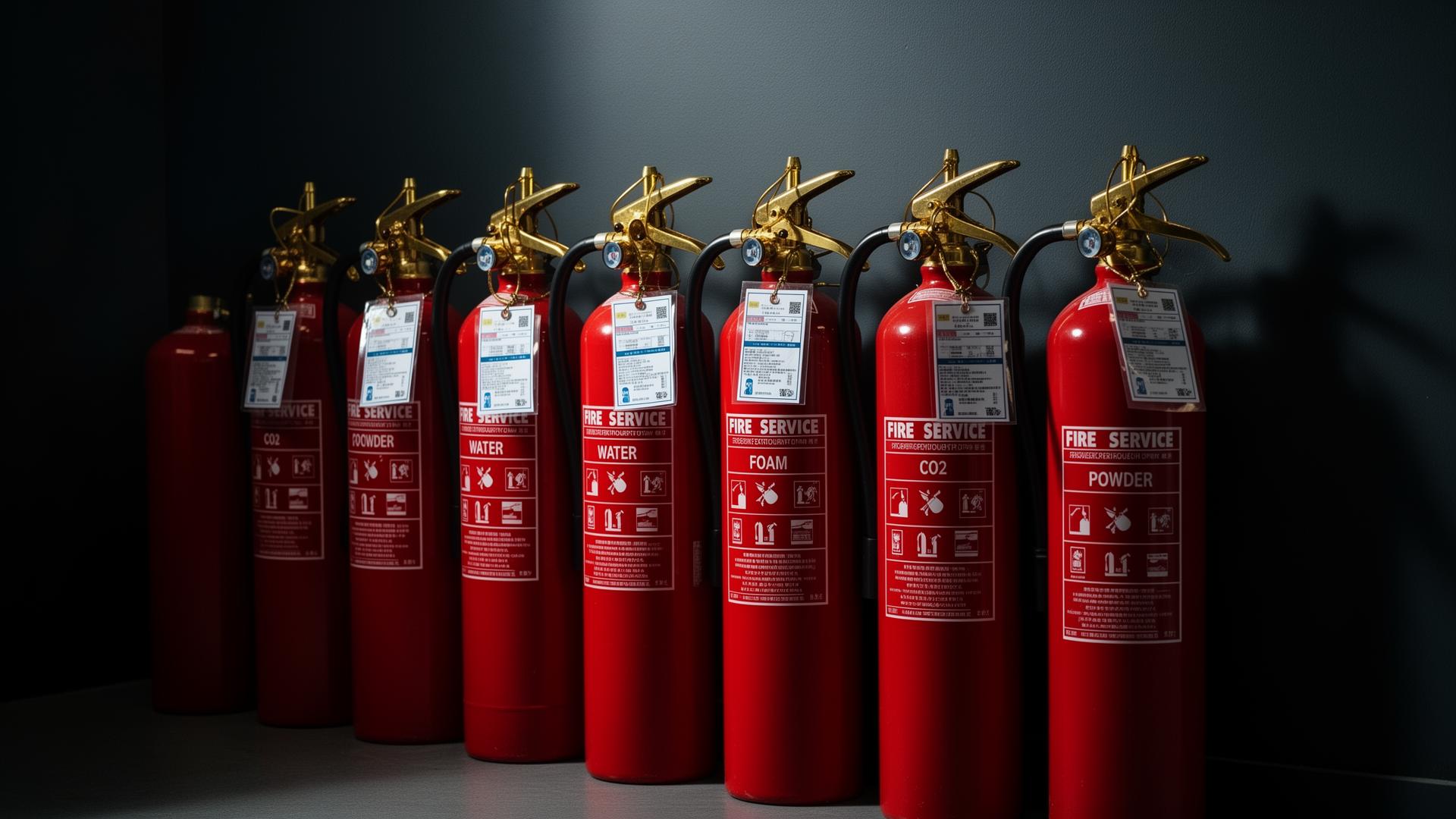 Row of serviced red fire extinguishers with service tags