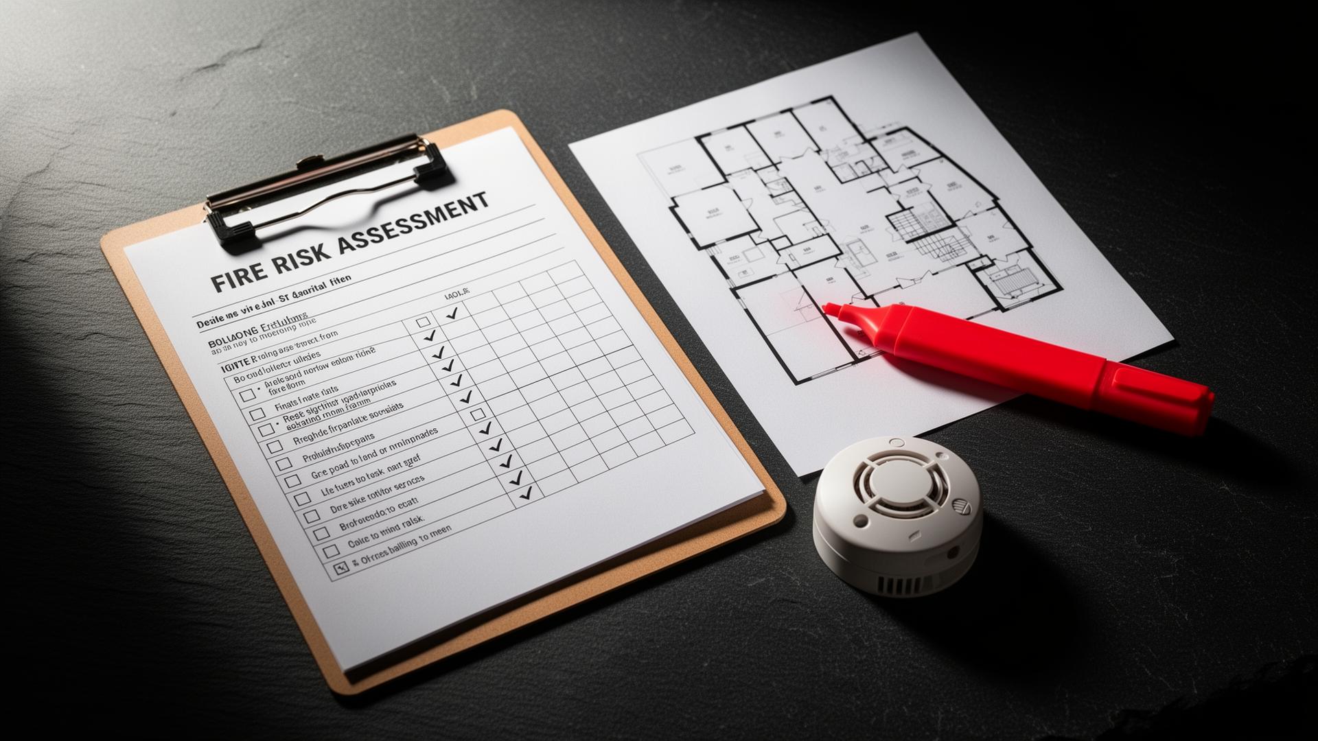 Fire risk assessment clipboard with checklist and floor plan