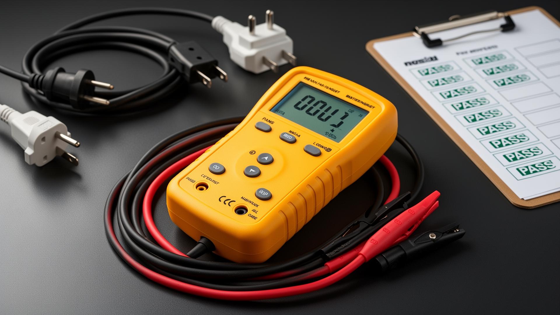 Portable appliance tester with leads and PASS labels