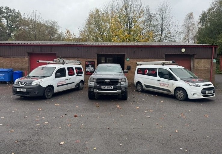 AS Fire Services Ltd fleet of three engineer vehicles outside the company unit in South Wales.